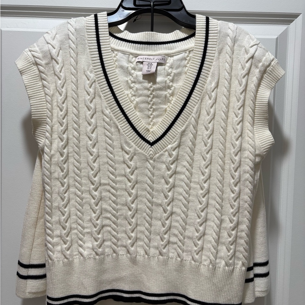 Sincerly Jules Cream Cable Knit V-Neck Sweater Vest with Black Trim